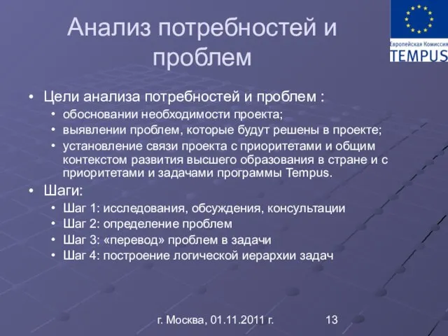 г. Москва, 01.11.2011 г. Анализ потребностей и проблем Цели анализа потребностей и