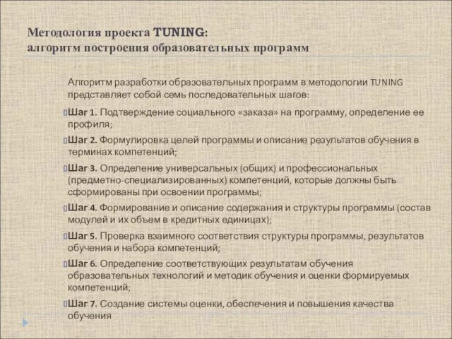 Методология проекта TUNING: алгоритм построения образовательных программ Алгоритм разработки образовательных программ в