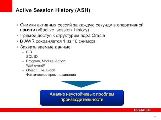 Анализ неустойчивых проблем производительности Active Session History (ASH) Снимки активных сессий за