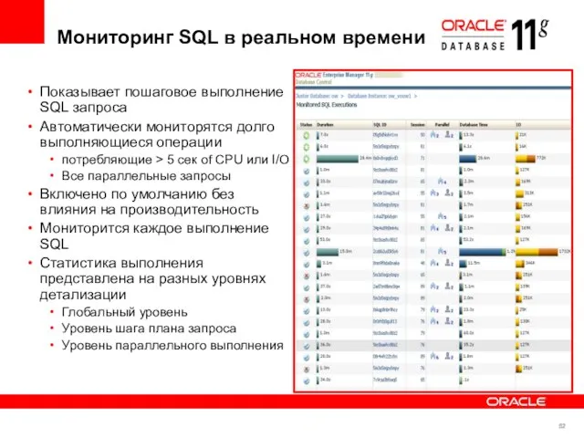 Показывает пошаговое выполнение SQL запроса Автоматически мониторятся долго выполняющиеся операции потребляющие >