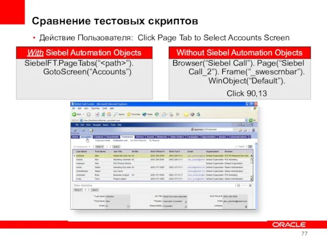 Действие Пользователя: Click Page Tab to Select Accounts Screen SiebelFT.PageTabs(“ ”). GotoScreen(“Accounts”)