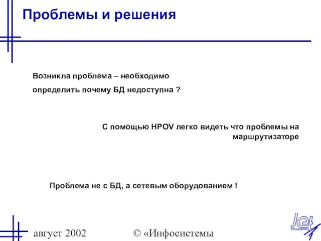 август 2002 © «Инфосистемы Джет» Проблемы и решения Возникла проблема – необходимо