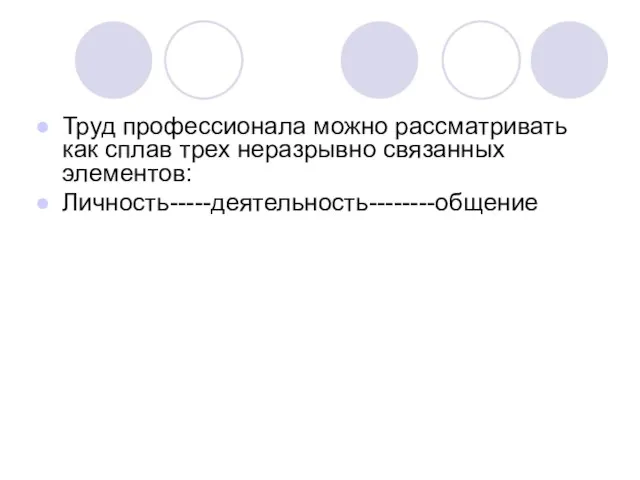 Труд профессионала можно рассматривать как сплав трех неразрывно связанных элементов: Личность-----деятельность--------общение