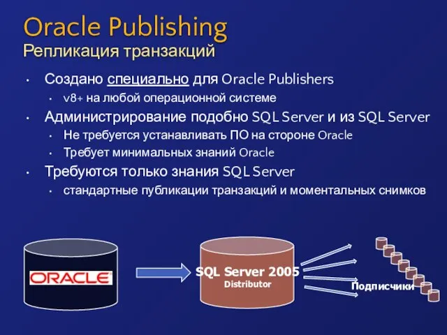 Oracle Publishing Репликация транзакций Создано специально для Oracle Publishers v8+ на любой