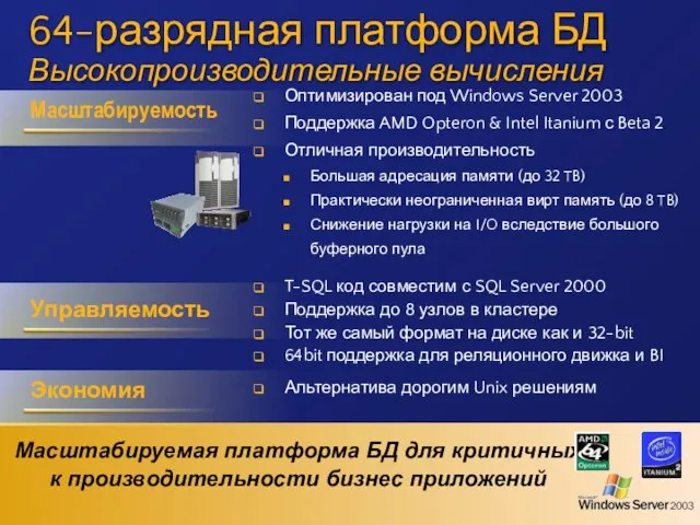 Масштабируемость Масштабируемая платформа БД для критичных к производительности бизнес приложений Оптимизирован под