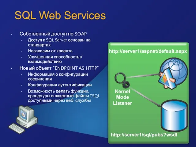 Собственный доступ по SOAP Доступ к SQL Server основан на стандартах Независим