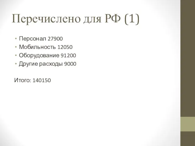 Перечислено для РФ (1) Персонал 27900 Мобильность 12050 Оборудование 91200 Другие расходы 9000 Итого: 140150