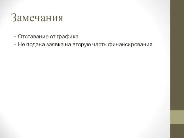 Замечания Отставание от графика Не подана заявка на вторую часть финансирования