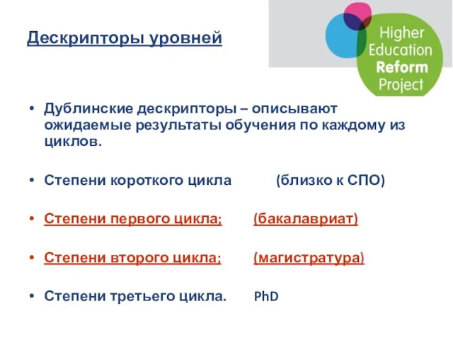 Дескрипторы уровней Дублинские дескрипторы – описывают ожидаемые результаты обучения по каждому из