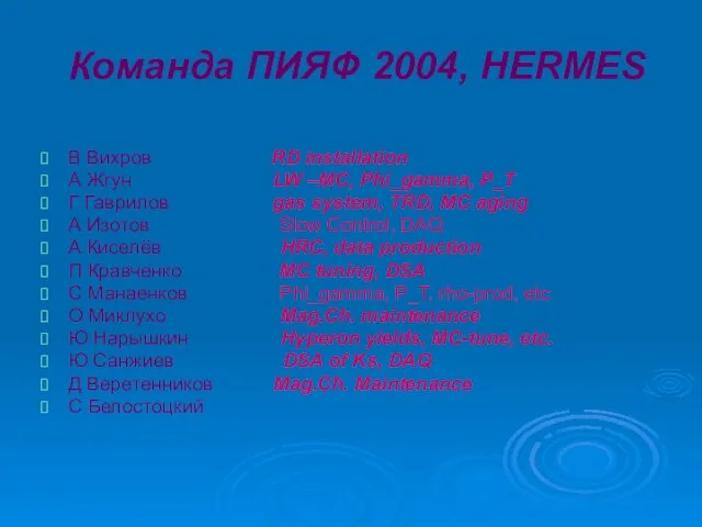 Команда ПИЯФ 2004, HERMES В Вихров RD installation А Жгун LW –MC,