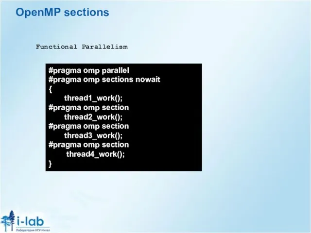 OpenMP sections #pragma omp parallel #pragma omp sections nowait { thread1_work(); #pragma