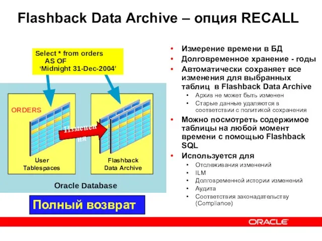 Flashback Data Archive – опция RECALL Измерение времени в БД Долговременное хранение
