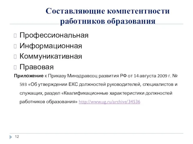 Составляющие компетентности работников образования Профессиональная Информационная Коммуникативная Правовая Приложение к Приказу Минздравсоц