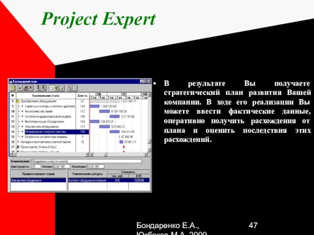 Бондаренко Е.А.,Юзбеков М.А.,2009 Project Expert В результате Вы получаете стратегический план развития