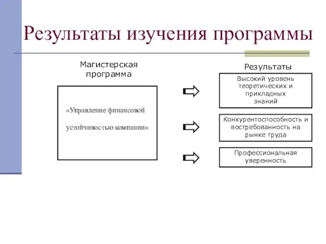 Результаты изучения программы «Управление финансовой устойчивостью компании» Высокий уровень теоретических и прикладных