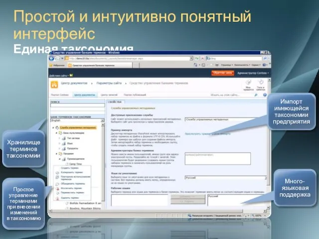 Простой и интуитивно понятный интерфейс Единая таксономия