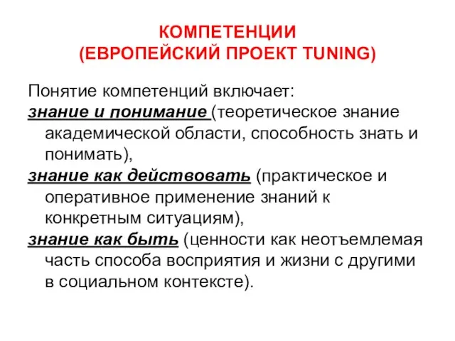 КОМПЕТЕНЦИИ (ЕВРОПЕЙСКИЙ ПРОЕКТ TUNING) Понятие компетенций включает: знание и понимание (теоретическое знание