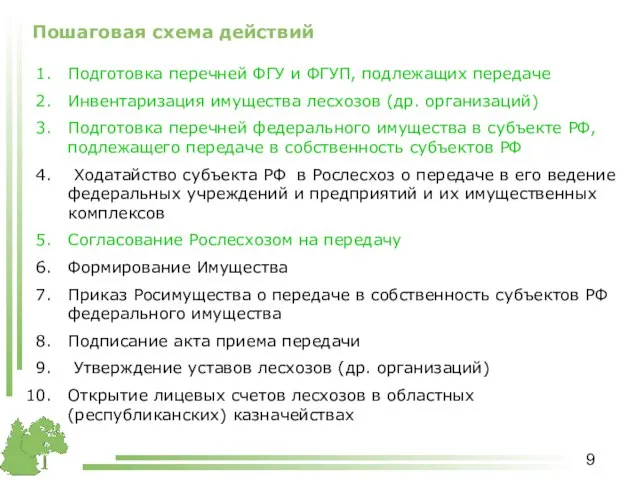 Пошаговая схема действий Подготовка перечней ФГУ и ФГУП, подлежащих передаче Инвентаризация имущества