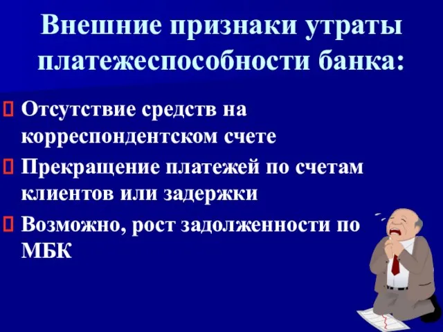 Внешние признаки утраты платежеспособности банка: Отсутствие средств на корреспондентском счете Прекращение платежей