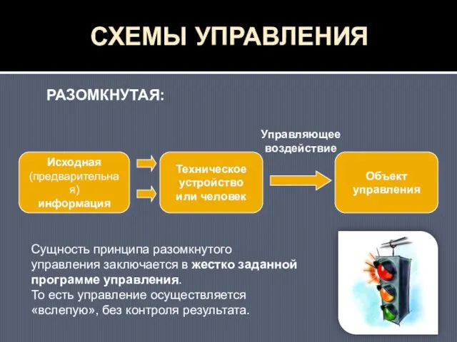 СХЕМЫ УПРАВЛЕНИЯ Исходная (предварительная) информация Техническое устройство или человек Объект управления Управляющее