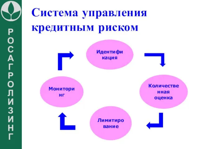 Система управления кредитным риском Идентификация Количественная оценка Лимитирование Мониторинг