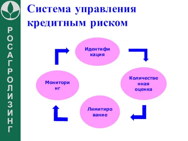 Система управления кредитным риском Идентификация Количественная оценка Лимитирование Мониторинг