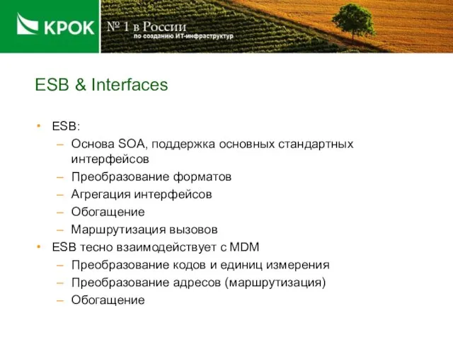 ESB & Interfaces ESB: Основа SOA, поддержка основных стандартных интерфейсов Преобразование форматов