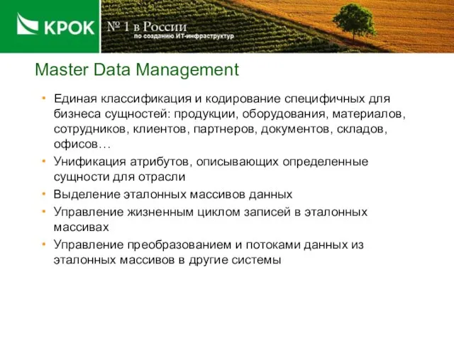 Master Data Management Единая классификация и кодирование специфичных для бизнеса сущностей: продукции,