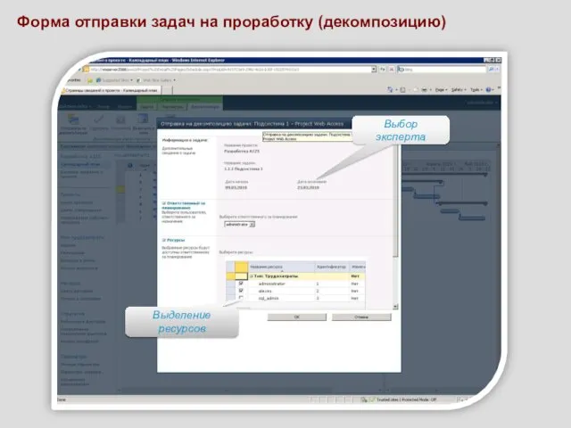 Форма отправки задач на проработку (декомпозицию) Выбор эксперта Выделение ресурсов