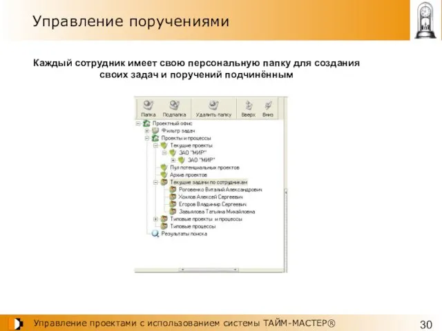 Управление поручениями Каждый сотрудник имеет свою персональную папку для создания своих задач и поручений подчинённым