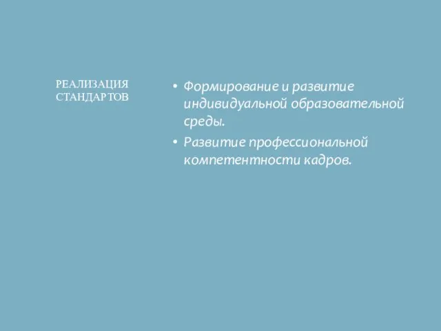 Формирование и развитие индивидуальной образовательной среды. Развитие профессиональной компетентности кадров. РЕАЛИЗАЦИЯ СТАНДАРТОВ