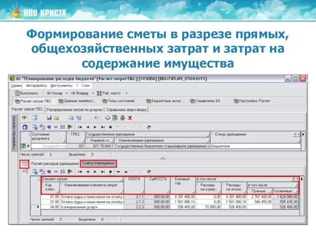 Формирование сметы в разрезе прямых, общехозяйственных затрат и затрат на содержание имущества