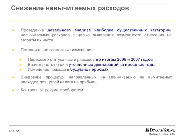 Снижение невычитаемых расходов Проведение детального анализа наиболее существенных категорий невычитаемых расходов с