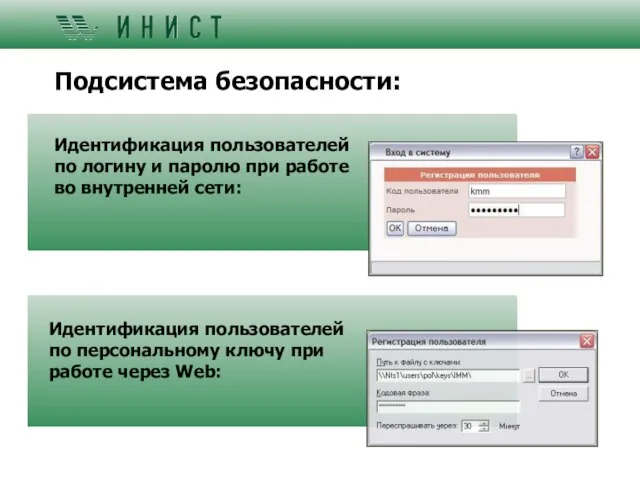 Подсистема безопасности: Идентификация пользователей по логину и паролю при работе во внутренней