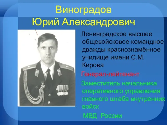 Виноградов Юрий Александрович Ленинградское высшее общевойсковое командное дважды краснознамённое училище имени С.М.Кирова