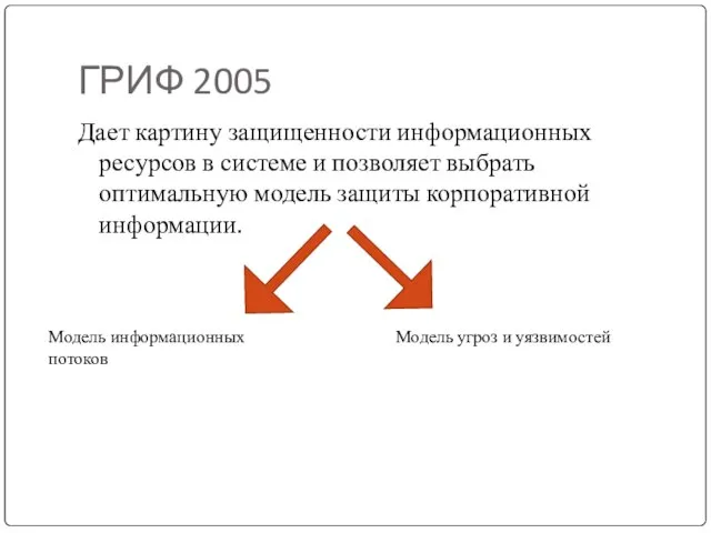 ГРИФ 2005 Дает картину защищенности информационных ресурсов в системе и позволяет выбрать