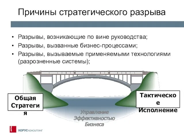 Причины стратегического разрыва Разрывы, возникающие по вине руководства; Разрывы, вызванные бизнес-процессами; Разрывы,