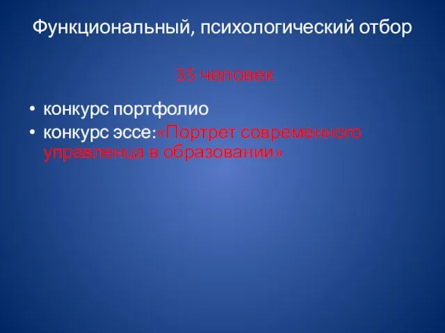 Функциональный, психологический отбор 35 человек конкурс портфолио конкурс эссе:«Портрет современного управленца в образовании»