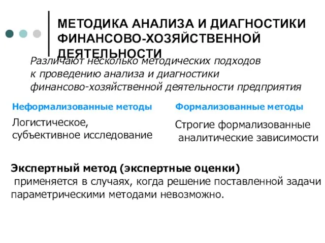 МЕТОДИКА АНАЛИЗА И ДИАГНОСТИКИ ФИНАНСОВО-ХОЗЯЙСТВЕННОЙ ДЕЯТЕЛЬНОСТИ Различают несколько методических подходов к проведению