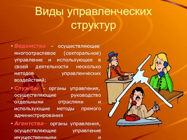 Виды управленческих структур Ведомства – осуществляющее многоотраслевое (секторальное) управление и использующее в