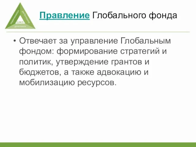 Правление Глобального фонда Отвечает за управление Глобальным фондом: формирование стратегий и политик,