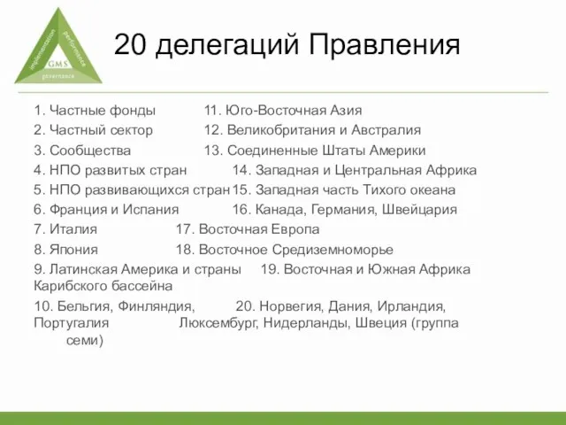 20 делегаций Правления 1. Частные фонды 11. Юго-Восточная Азия 2. Частный сектор