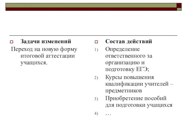 Задачи изменений Переход на новую форму итоговой аттестации учащихся. Состав действий Определение