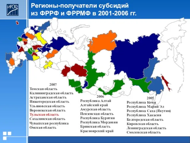 Регионы-получатели субсидий из ФРРФ и ФРРМФ в 2001-2006 гг. 2006 Республика Алтай