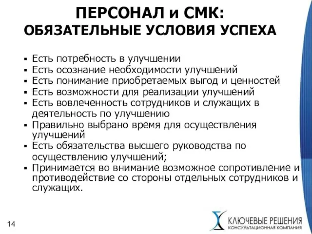 ПЕРСОНАЛ и СМК: ОБЯЗАТЕЛЬНЫЕ УСЛОВИЯ УСПЕХА Есть потребность в улучшении Есть осознание