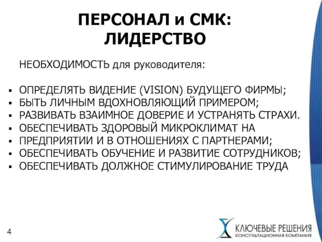 ПЕРСОНАЛ и СМК: ЛИДЕРСТВО НЕОБХОДИМОСТЬ для руководителя: ОПРЕДЕЛЯТЬ ВИДЕНИЕ (VISION) БУДУЩЕГО ФИРМЫ;