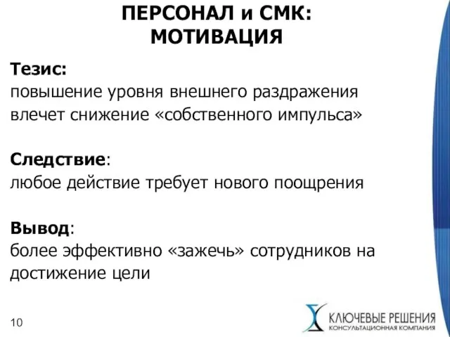 ПЕРСОНАЛ и СМК: МОТИВАЦИЯ Тезис: повышение уровня внешнего раздражения влечет снижение «собственного