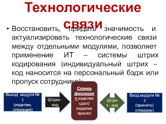 Технологические связи Восстановить, придать значимость и актуализировать технологические связи между отдельными модулями,