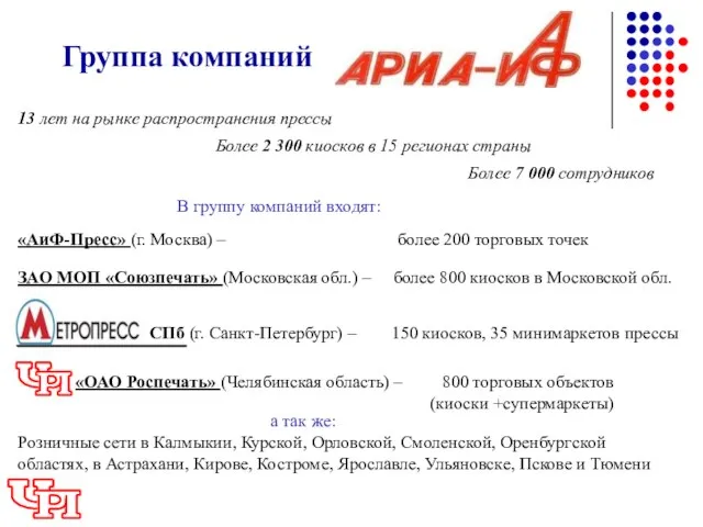 Группа компаний СПб (г. Санкт-Петербург) – 150 киосков, 35 минимаркетов прессы 13