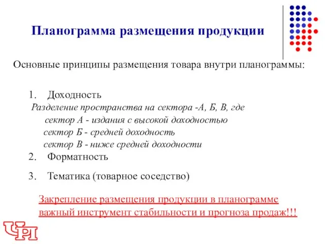 Планограмма размещения продукции Основные принципы размещения товара внутри планограммы: Доходность Разделение пространства